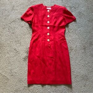 VTG ~ 1980s ~ Oberon ~  Red Sheath Dress ~ Linen Blend ~ Big Buttons ~ Size 14